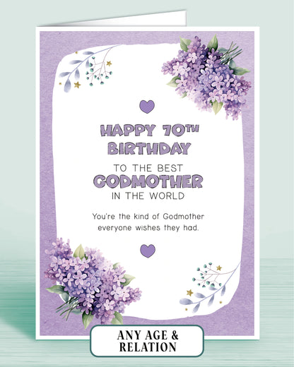 Godmother Birthday Card for Godmum or any other relation. 70th Birthday Card for Women. Female Birthday Card. Floral Purple, A5 8x6 inches | Oliver Rose Designs