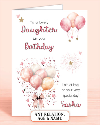 Daughter Birthday Card, Personalised Birthday Card for Her (approx 6x6 inches, inc envelope) - Oliver Rose Designs