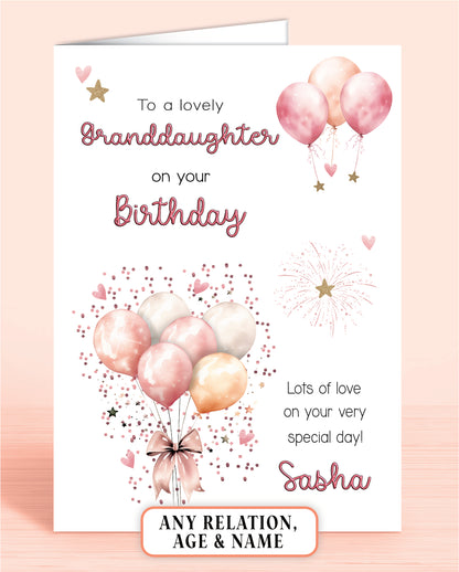 Granddaughter Birthday Card, Personalised Birthday Card for Her (approx 6x6 inches, inc envelope) - Oliver Rose Designs