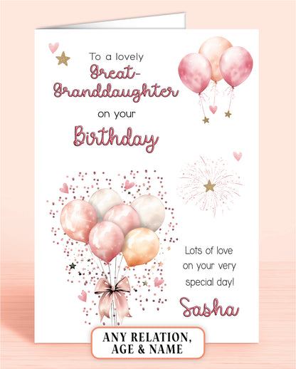 Great-Granddaugbhter Birthday Card, Personalised Birthday Card for Her (approx 6x6 inches, inc envelope) - Oliver Rose Designs