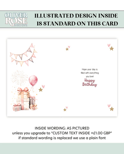 Inside Design, Greeting card with birthday design and text, featuring a gift and pink balloons and the words: Hope your day is filled with everything you love, Happy Birthday.