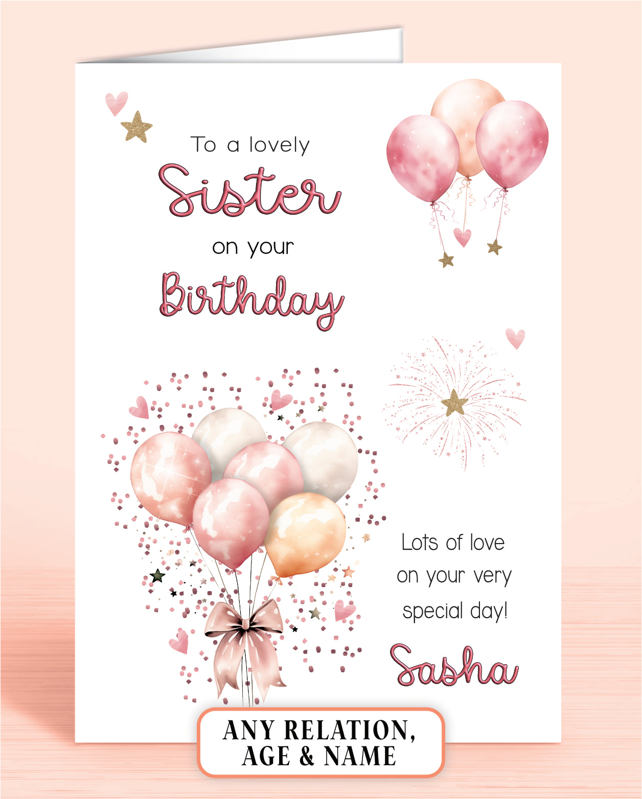 Sister Birthday Card, Personalised Birthday Card for Her (approx 6x6 inches, inc envelope) - Oliver Rose Designs