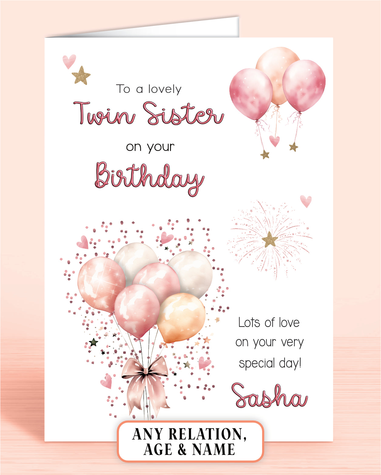 Twin Sister Birthday Card, Personalised Birthday Card for Her (approx 6x6 inches, inc envelope) - Oliver Rose Designs