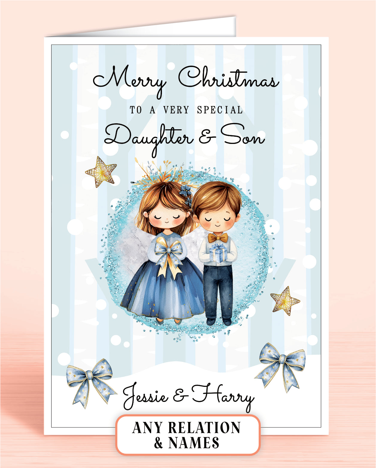 Personalised Christmas card for a very special Daughter & Son with a girl & boy holding a bow & gift, stars, and blue bows on a light blue snowy background.