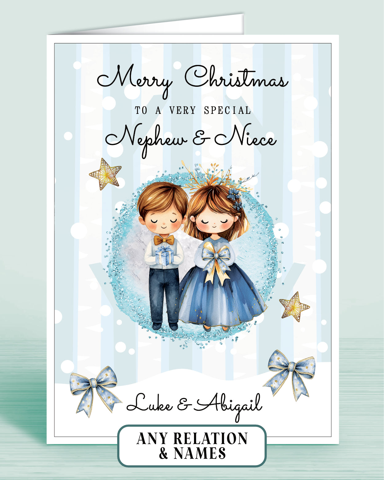 Personalised Christmas card for a very special Nephew & Niece with a boy & girl holding a gift & bow, stars, and blue bows on a light blue snowy background.