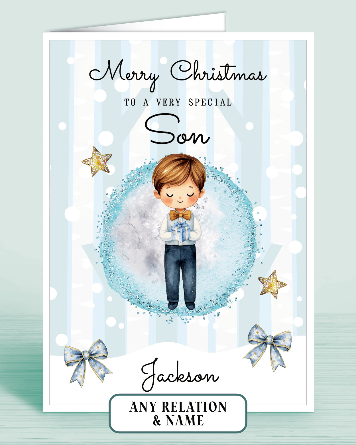 Personalised Christmas card for a special son with a boy holding a gift, stars, and blue bows on a light blue snowy background.