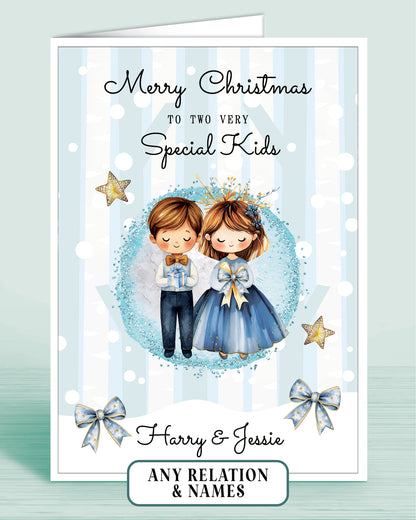 Personalised Christmas card for two very special kids with a boy & girl holding a gift & bow, stars, and blue bows on a light blue snowy background.