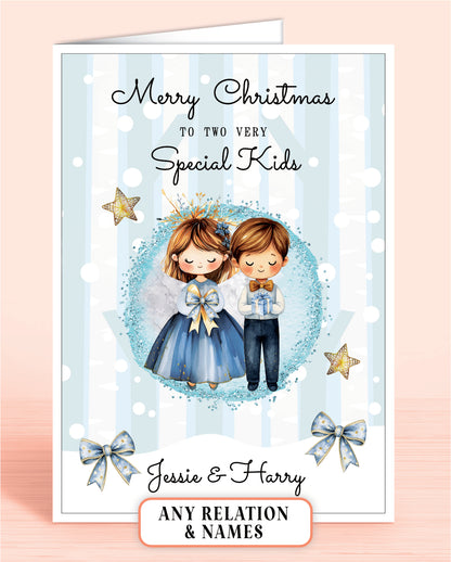 Personalised Christmas card to two very special kids with a girl & boy holding a bow & gift, stars, and blue bows on a light blue snowy background.