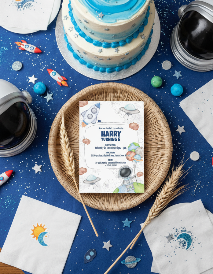 Space astronaut birthday party invitation for Space themed birthday party with styled background for illustration purposes only.