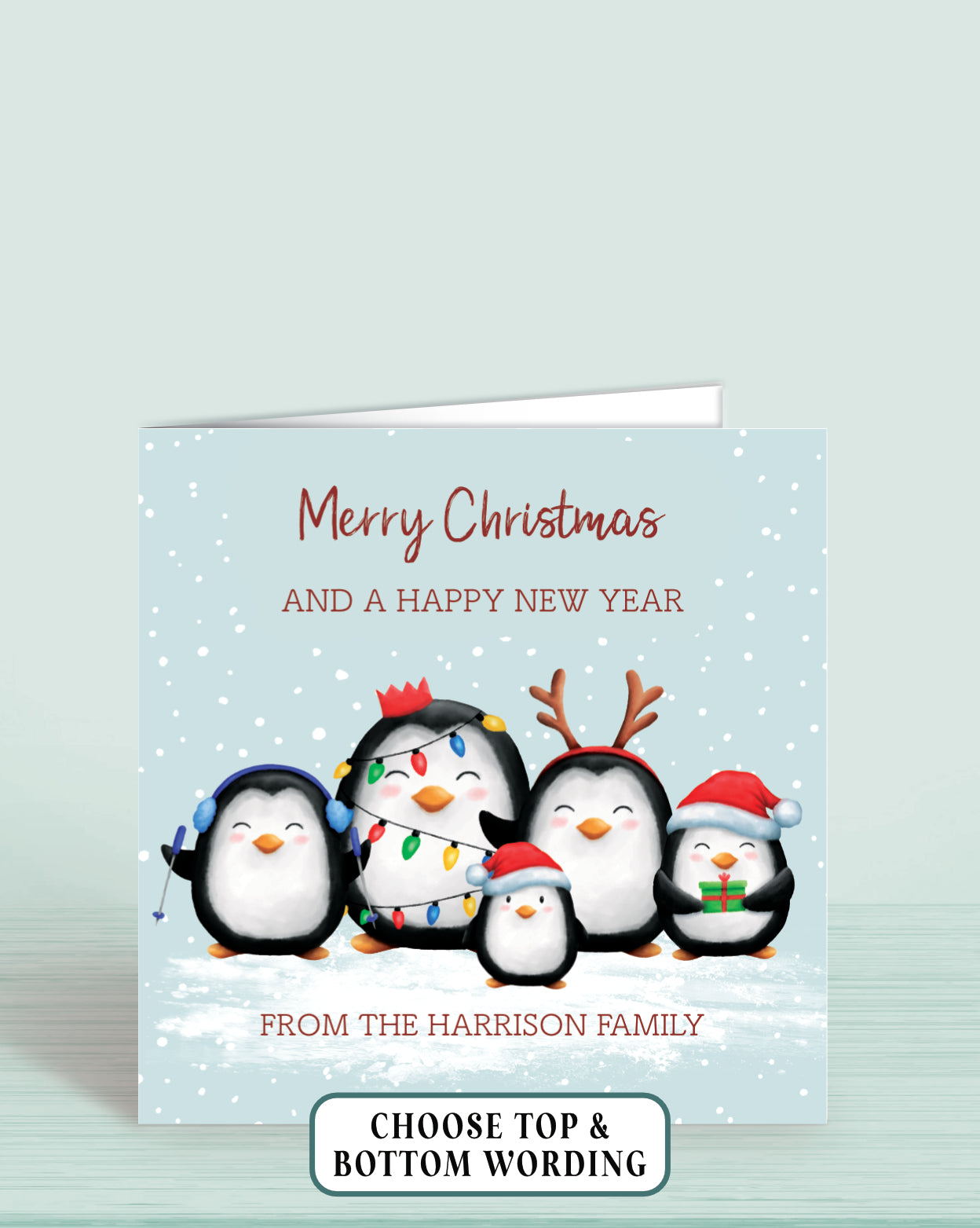 Penguin Personalised Custom Christmas Card, Add your own wording (Top & Bottom) Example Says, Top: Merry Christmas and a happy new year. Bottom: Love from the Harrison Family. Five Penguin Pictured | Oliver Rose Designs