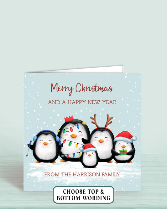 Penguin Personalised Custom Christmas Card, Add your own wording (Top & Bottom) Example Says, Top: Merry Christmas and a happy new year. Bottom: Love from the Harrison Family. Five Penguin Pictured | Oliver Rose Designs