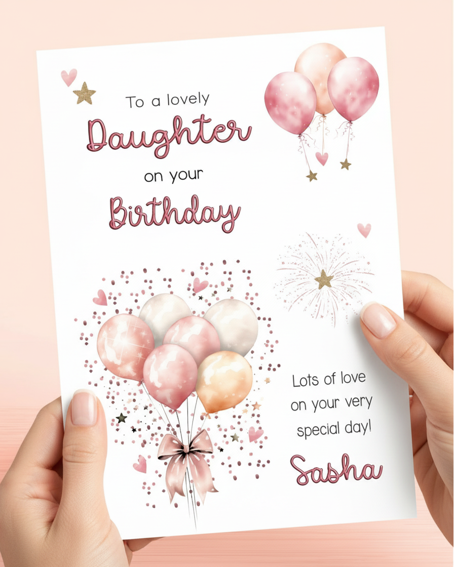 Lifestyle image of hands holding a Daughter Pink Balloons Birthday Card, to a lovely Daughter on your Birthday, Lots of love on your very special day! Add name if required. AI assisted image.