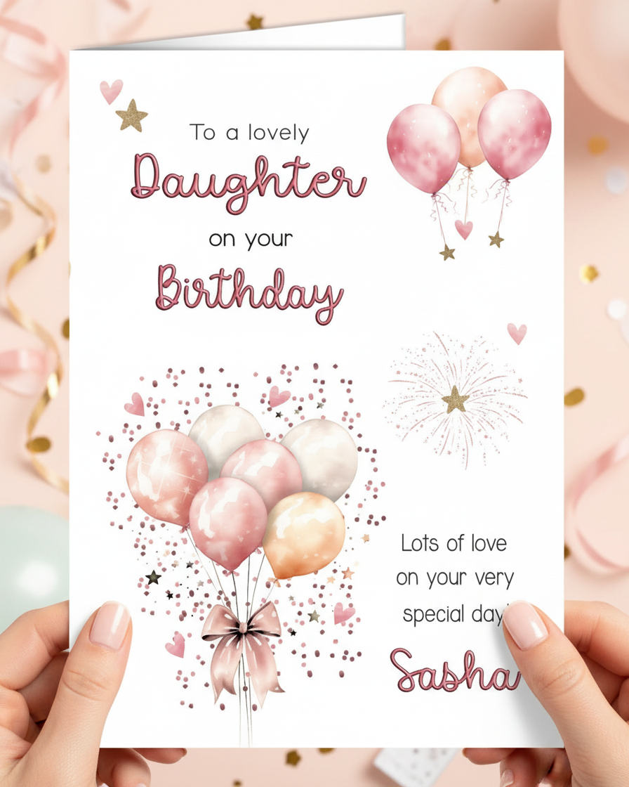 Lifestyle image of hands holding a Daughter Pink Balloons Birthday Card, to a lovely Daughter on your Birthday, Lots of love on your very special day! Add name if required. AI assisted image.