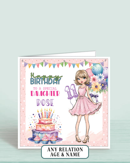 Birthday card for a special daughter with a girl in a pink dress, cake, and balloons on a light pink dotted background.