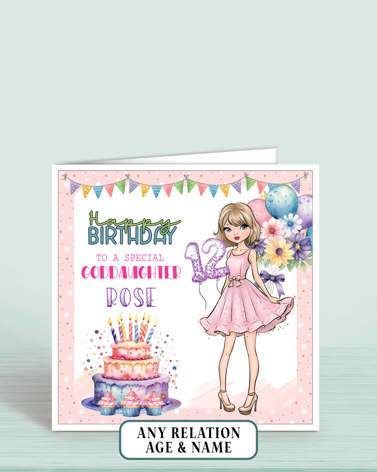 Birthday card for a special goddaughter with a girl in a pink dress, cake, and balloons on a light pink dotted background.