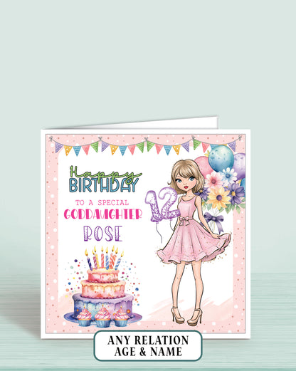 Birthday card for a special goddaughter with a girl in a pink dress, cake, and balloons on a light pink dotted background.