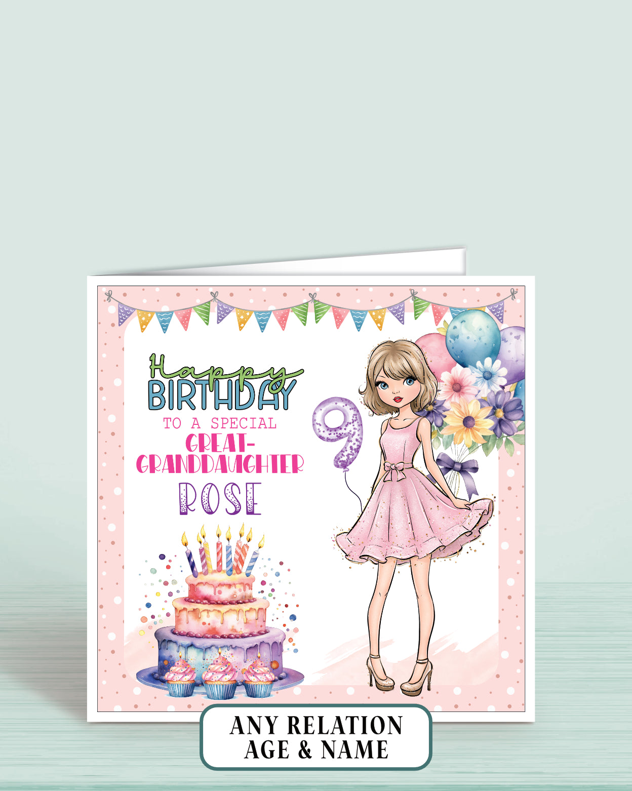 Birthday card for a special great-granddaughter with a girl in a pink dress, cake, and balloons on a light pink dotted background.
