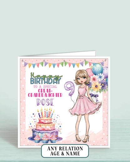 Birthday card for a special great-granddaughter with a girl in a pink dress, cake, and balloons on a light pink dotted background.