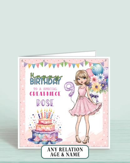 Birthday card for a special great-niece with a girl in a pink dress, cake, and balloons on a light pink dotted background.