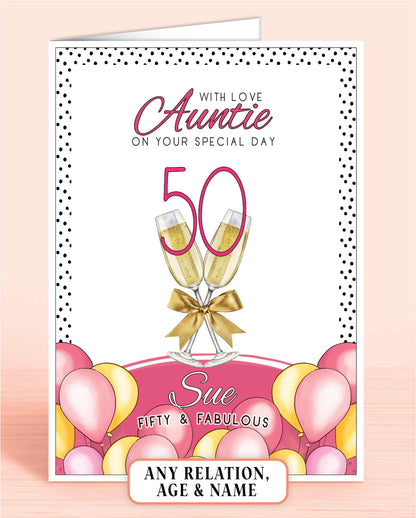 Auntie Birthday Card, Pink Polkadot Auntie 50th Birthday Card, Pink & Yellow Balloons, Bubbly & faux Gold Bow. With Love Auntie on your special day, personalised birthday card for her, Fifty & Fabulous | Oliver Rose Designs