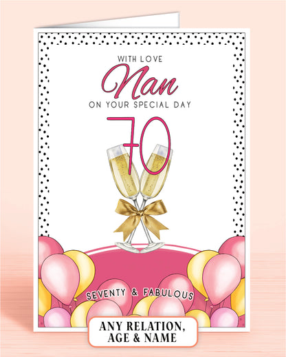 Nan Birthday Card, Pink Polkadot Nan 70th Birthday Card, Pink & Yellow Balloons, Bubbly & faux Gold Bow. With Love Grandma on your special day, personalised birthday card for her, Seventy & Fabulous | Oliver Rose Designs