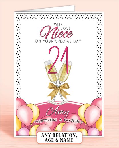 Niece Birthday Card, Pink Polkadot Niece 21st Birthday Card, Pink & Yellow Balloons, Bubbly & faux Gold Bow. With Love Great-Niece on your special day, personalised birthday card for her, Twenty-One & Fabulous | Oliver Rose Designs