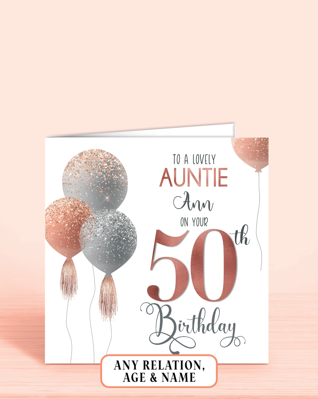 Auntie Birthday Card, Personalised 50th Birthday Card for Auntie, Pink Balloons Birthday Card (5.75" Square) - Oliver Rose Designs