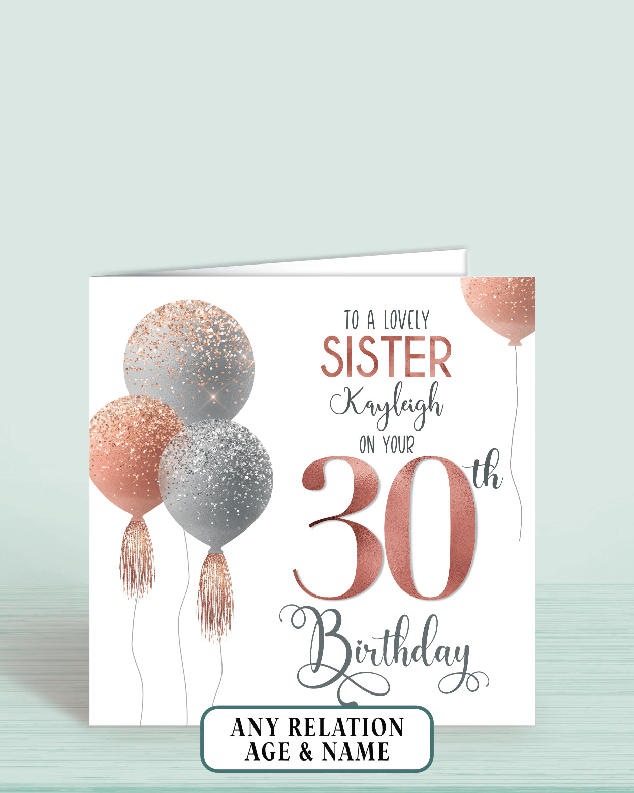 Sister Birthday Card, Personalised 30th Birthday Card for Sister In Law, Pink Balloons Birthday Card (5.75" Square) - Oliver Rose Designs