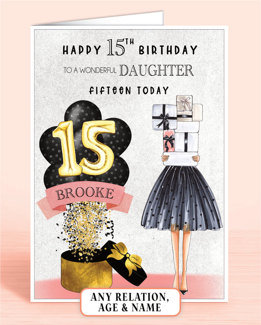 Daughter 15th Birthday Card, Personalised with Name of your choice, To A Wonderful Daughter, Black & Pink Polka Dot Balloons | Oliver Rose Designs