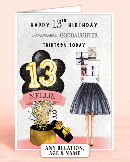 Goddaughter 13th Birthday Card, Personalised with Name of your choice, To A Wonderful Goddaughter, Black & Pink Polka Dot Balloons | Oliver Rose Designs