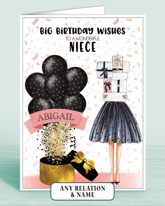 Niece Birthday Card, Personalised with Name of your choice (optional), Big Birthday Wishes to a Wonderful Great-Niece, Black & Pink Polka Dot Balloons | Oliver Rose Designs