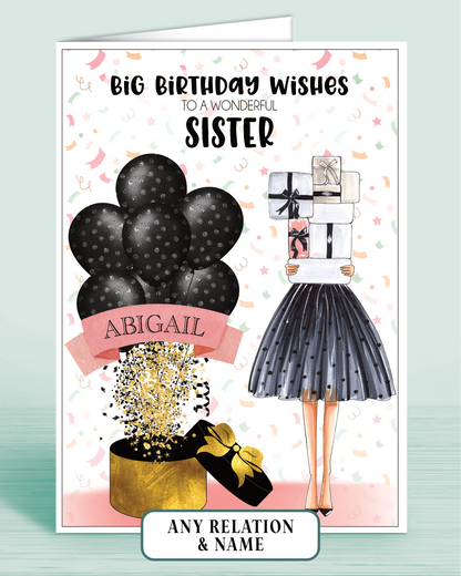Sister Birthday Card, Personalised with Name of your choice (optional), Big Birthday Wishes to a Wonderful Big Sister, Black & Pink Polka Dot Balloons | Oliver Rose Designs