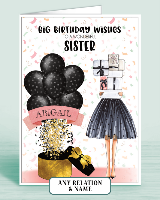 Sister Birthday Card, Personalised with Name of your choice (optional), Big Birthday Wishes to a Wonderful Big Sister, Black & Pink Polka Dot Balloons | Oliver Rose Designs