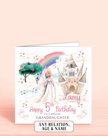 Granddaughter Birthday Card, Personalised 5th Birthday Card for Girls, Dreamy Princess Castle, Any Age, Any Relation | Oliver Rose Designs