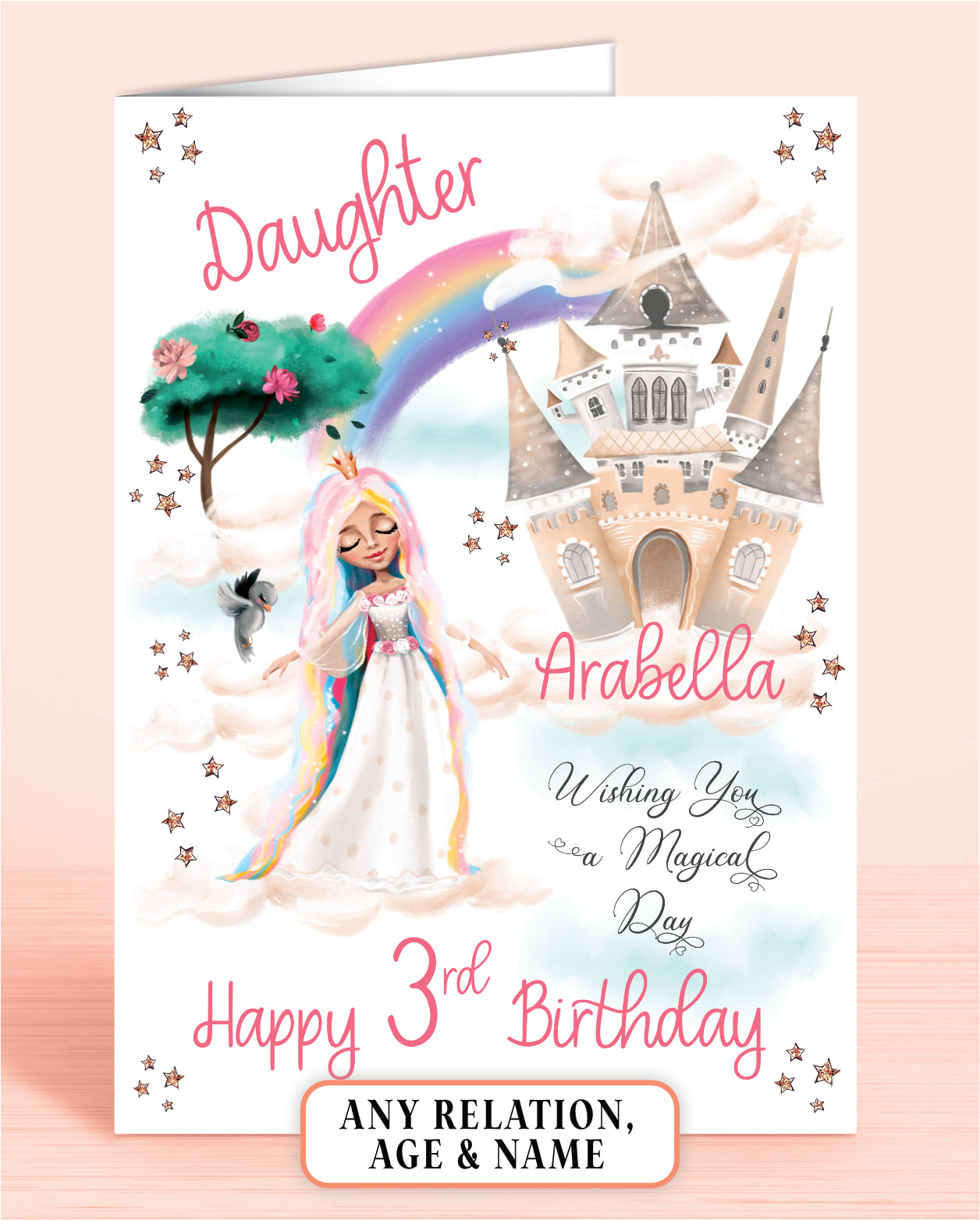 Daughter 3rd Birthday Card, Personalised Dreamy Rainbow Princess Castle, any age, any relation | Oliver Rose Designs