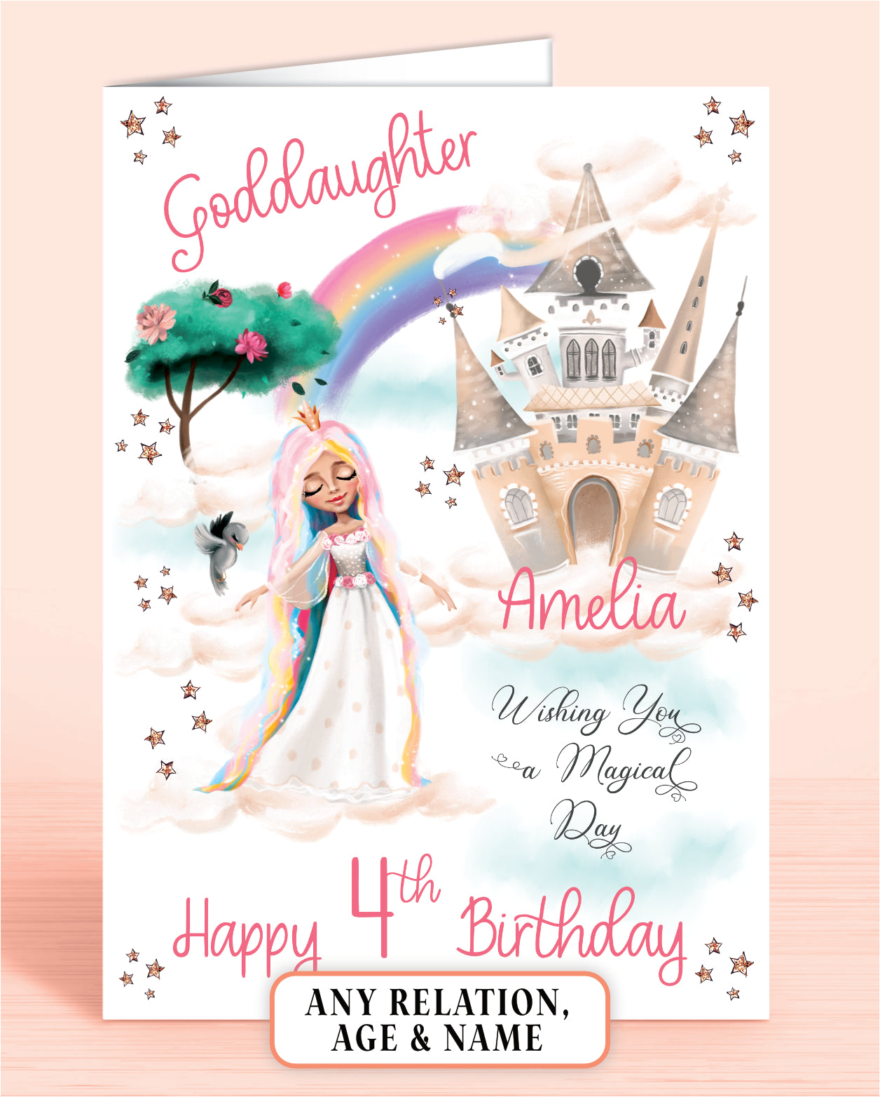 Goddaughter 4th Birthday Card, Personalised Dreamy Rainbow Princess Castle, any age, any relation | Oliver Rose Designs