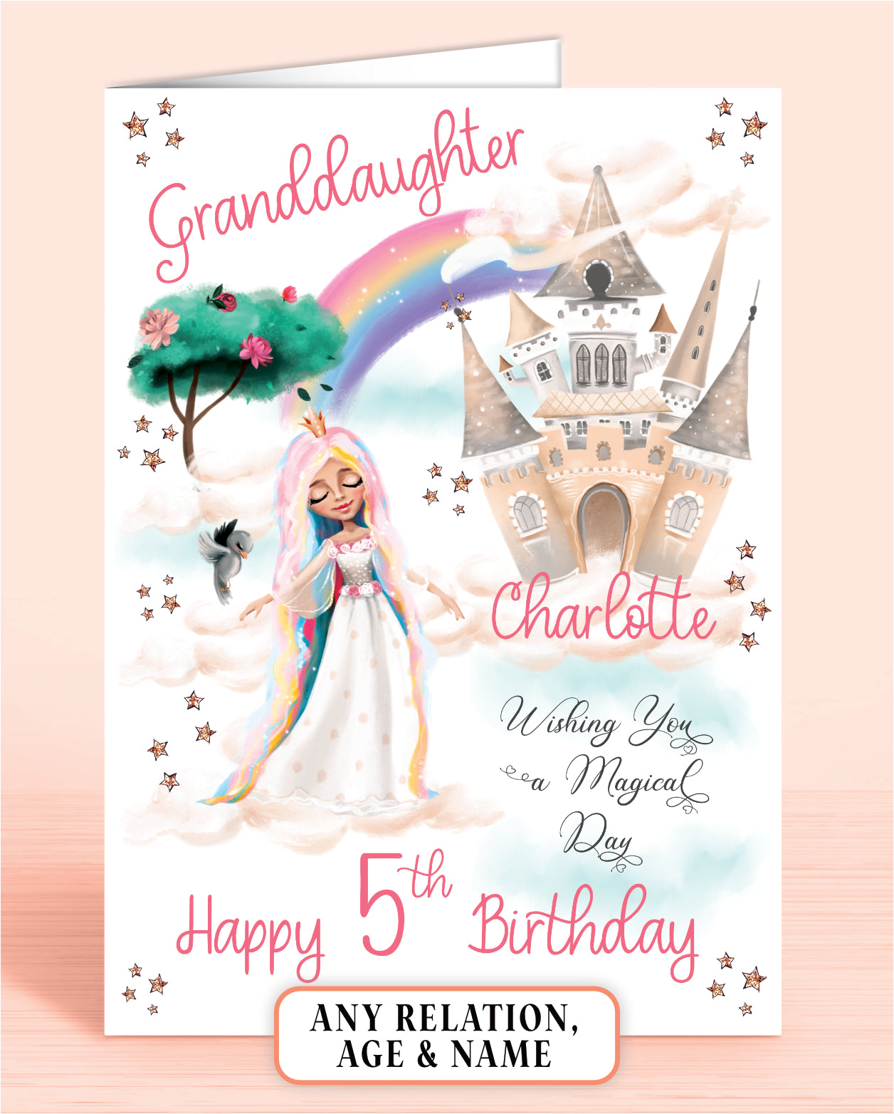 Granddaughter 5th Birthday Card, Personalised Dreamy Rainbow Princess Castle, any age, any relation | Oliver Rose Designs