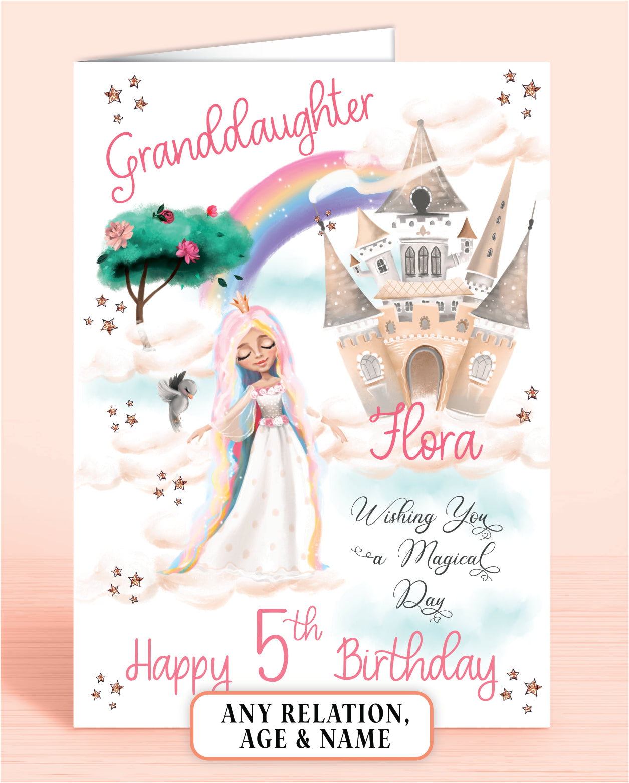 Granddaughter 5th Birthday Card, Personalised Dreamy Rainbow Princess Castle, any age, any relation | Oliver Rose Designs