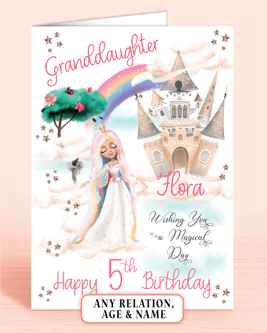 Granddaughter 5th Birthday Card, Personalised Dreamy Rainbow Princess Castle, any age, any relation | Oliver Rose Designs