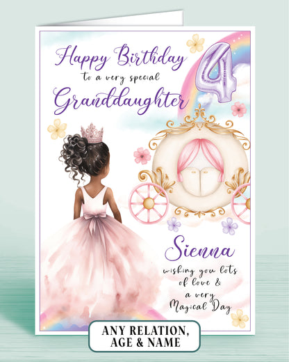Granddaughter Birthday Card, Personalised 4th Birthday Card for Granddaughter, Princess Carriage & Castle Design [GIRL E] BLACK HAIR | Oliver Rose Designs