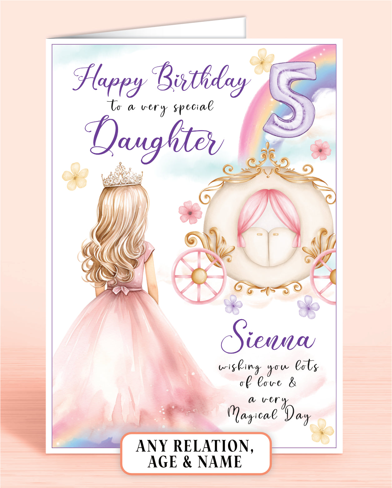 Daughter Birthday Card, Personalised 5th Birthday Card for Daughter, Princess Carriage & Castle Design [GIRL A] BLONDE HAIR | Oliver Rose Designs