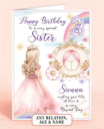 Sister Birthday Card, Personalised 3rd Birthday Card for Sister, Princess Carriage & Castle Design [GIRL A] BLONDE HAIR | Oliver Rose Designs