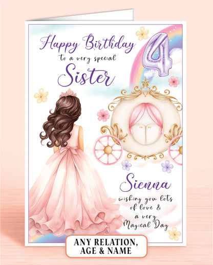 Sister Birthday Card, Personalised 4th Birthday Card for Sister, Princess Carriage & Castle Design [GIRL B] DARK BROWN HAIR | Oliver Rose Designs