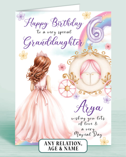 Granddaughter Personalised Birthday Card Age 6th Princess Carriage [GIRL C] RED HAIR | Oliver Rose Designs