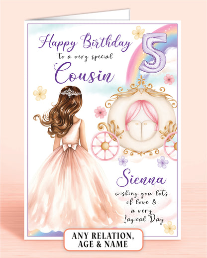 Cousin Birthday Card, Personalised 5th Birthday Card for Cousin, Princess Carriage & Castle Design [GIRL D] MID BROWN HAIR | Oliver Rose Designs