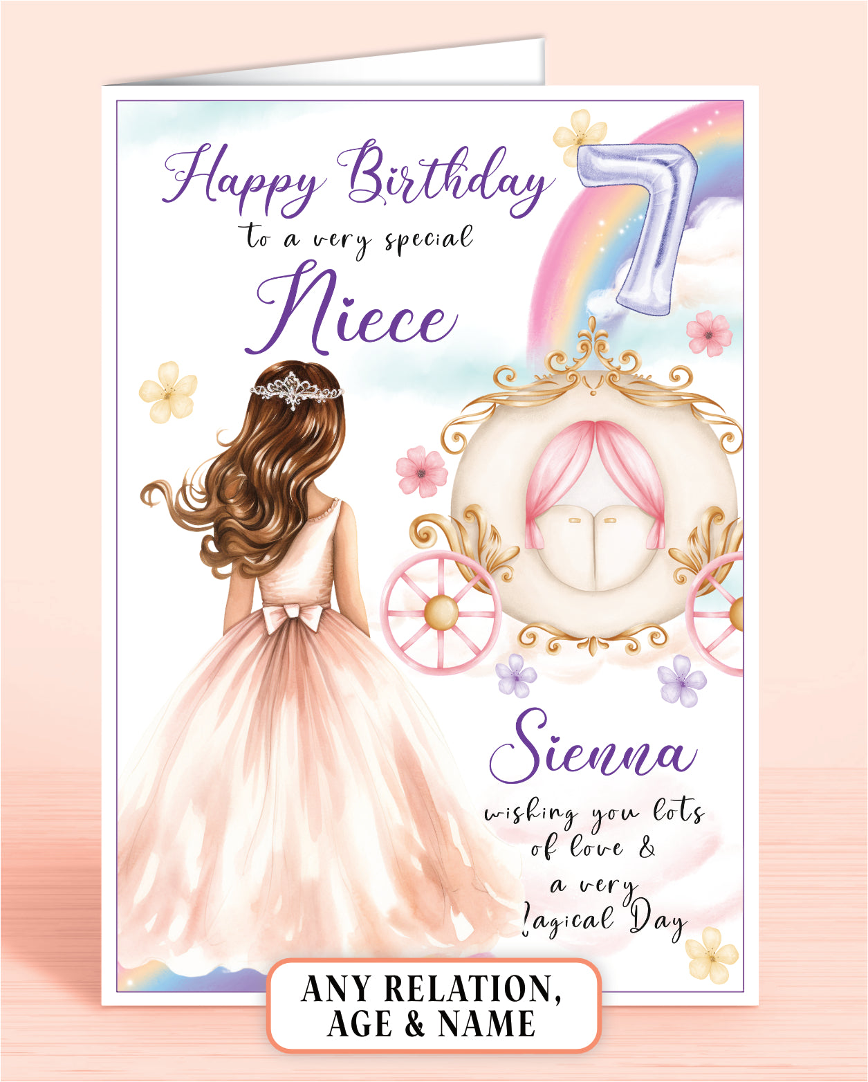 Niece Birthday Card, Personalised 7th Birthday Card for Niece, Princess Carriage & Castle Design [GIRL D] MID BROWN HAIR | Oliver Rose Designs