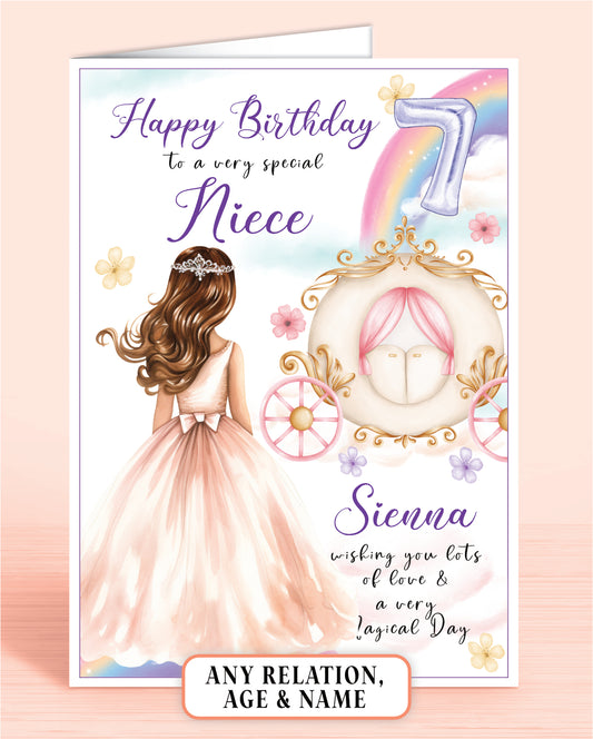 Niece Birthday Card, Personalised 7th Birthday Card for Niece, Princess Carriage & Castle Design [GIRL D] MID BROWN HAIR | Oliver Rose Designs