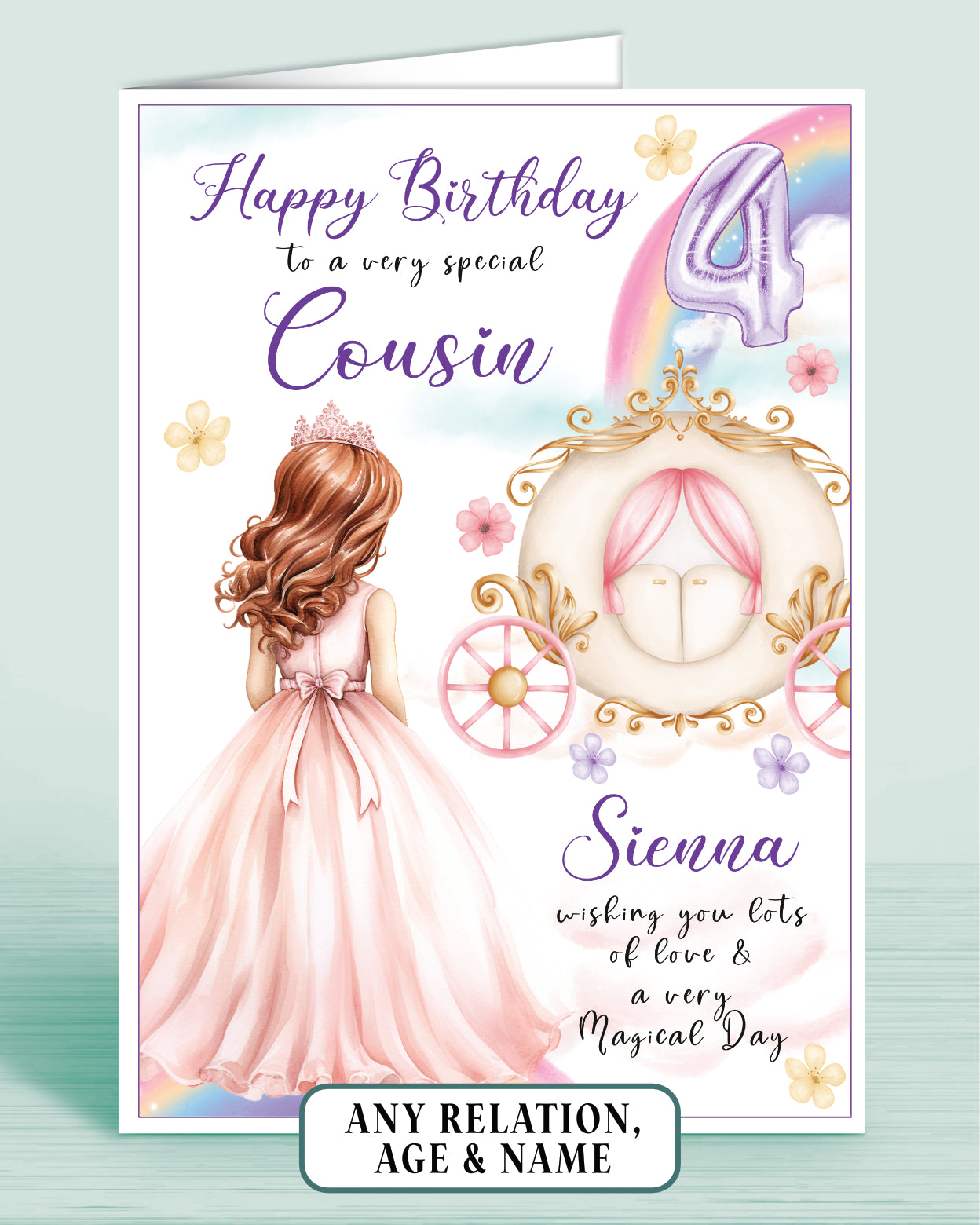 Cousin Birthday Card, Personalised 4th Birthday Card for Cousin, Princess Carriage & Castle Design [GIRL C] RED AUBURN HAIR | Oliver Rose Designs