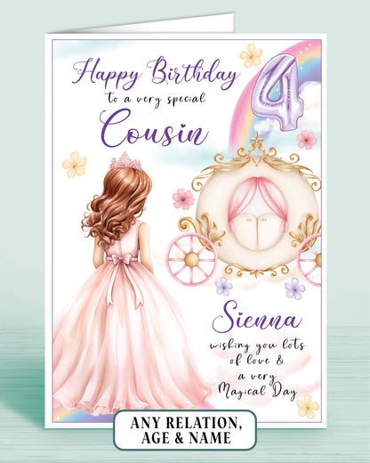 Cousin Birthday Card, Personalised 4th Birthday Card for Cousin, Princess Carriage & Castle Design [GIRL C] RED AUBURN HAIR | Oliver Rose Designs