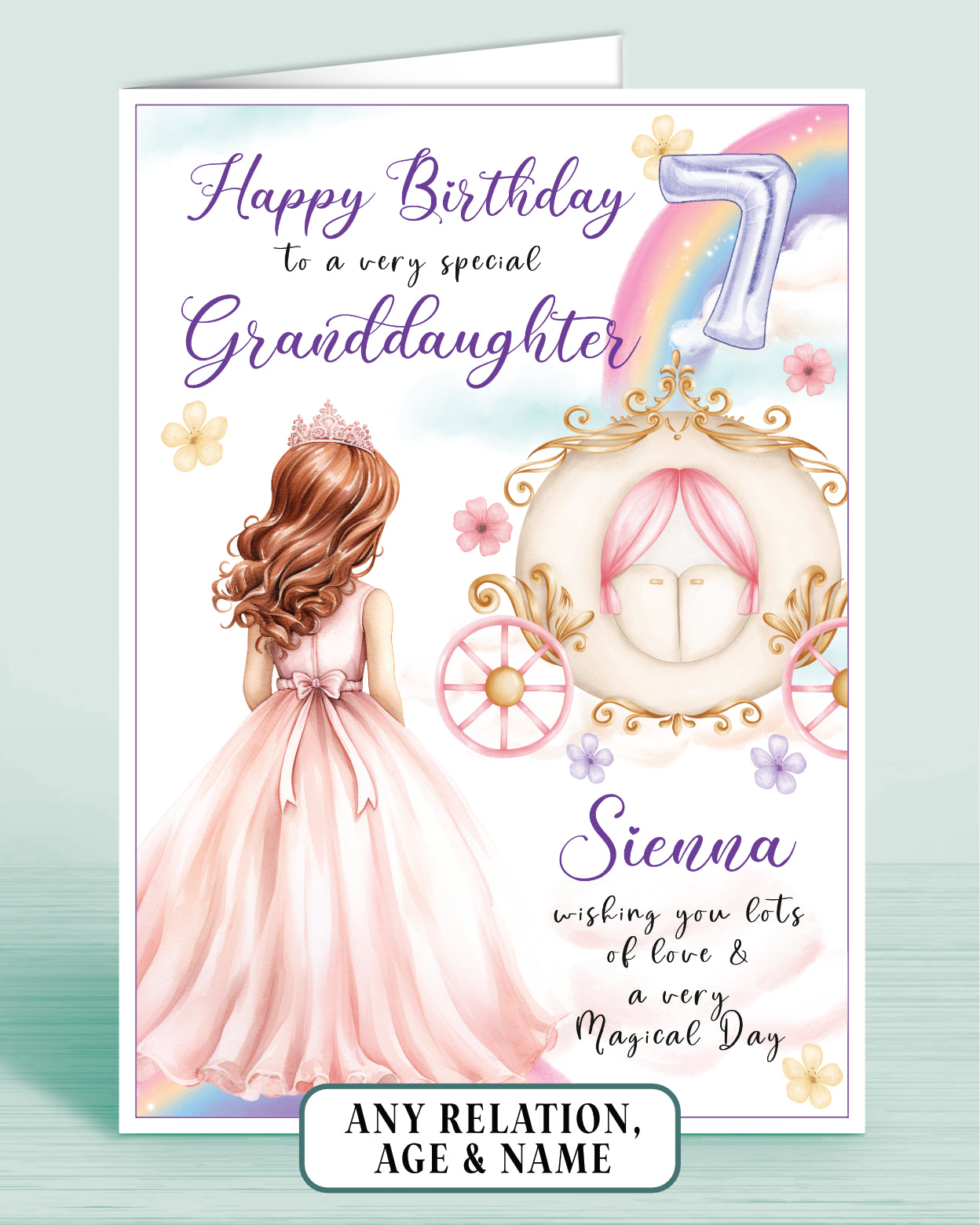 Granddaughter Birthday Card, Personalised 7th Birthday Card for Granddaughter, Princess Carriage & Castle Design [GIRL C] RED AUBURN HAIR | Oliver Rose Designs